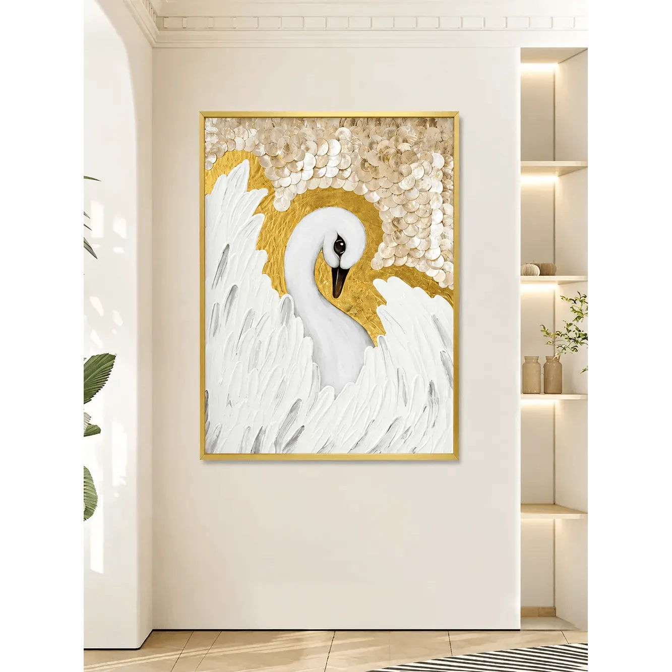 Diptyque mural cygne en nacre avec texture en relief doré Image secondaire du produit