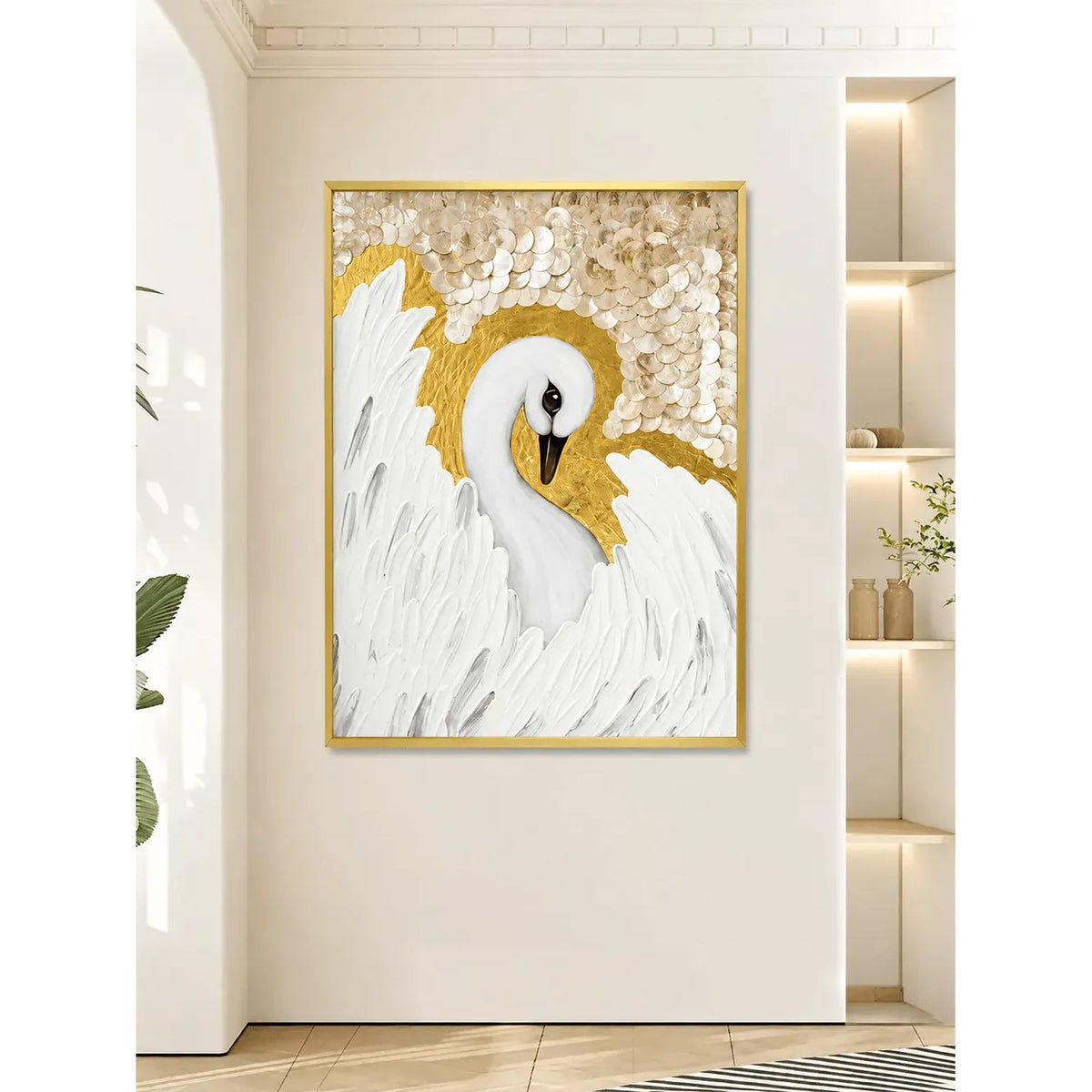 Diptych Swan Mother of Pearl Wall Art with Gold Relief Texture
