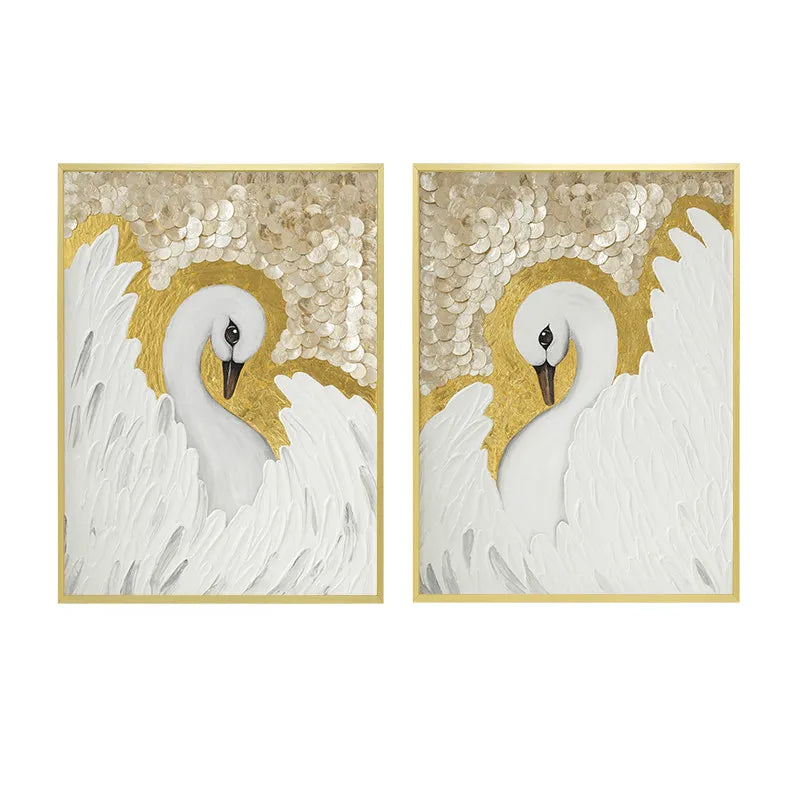 Diptych Swan Mother of Pearl Wall Art with Gold Relief Texture