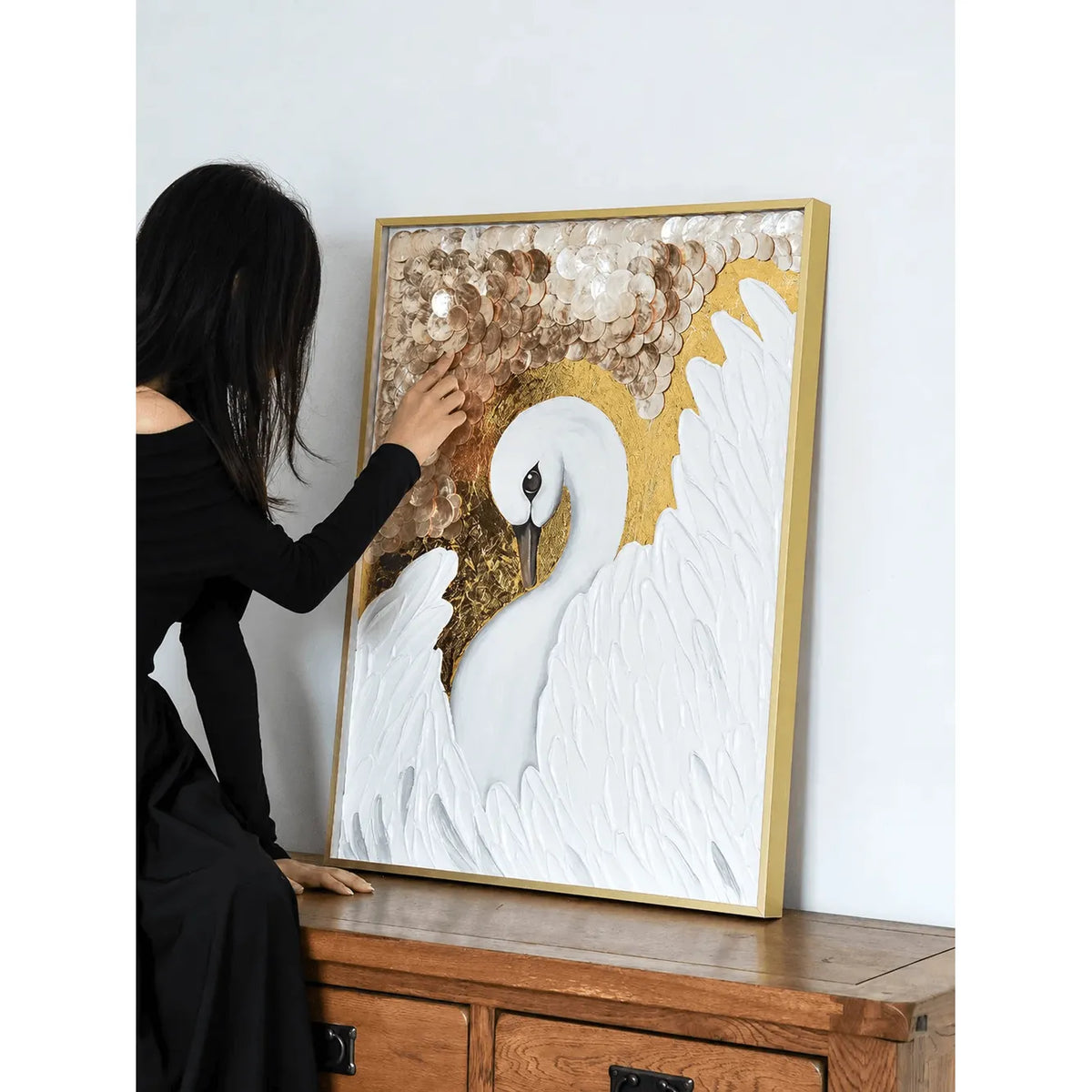 Diptych Swan Mother of Pearl Wall Art with Gold Relief Texture