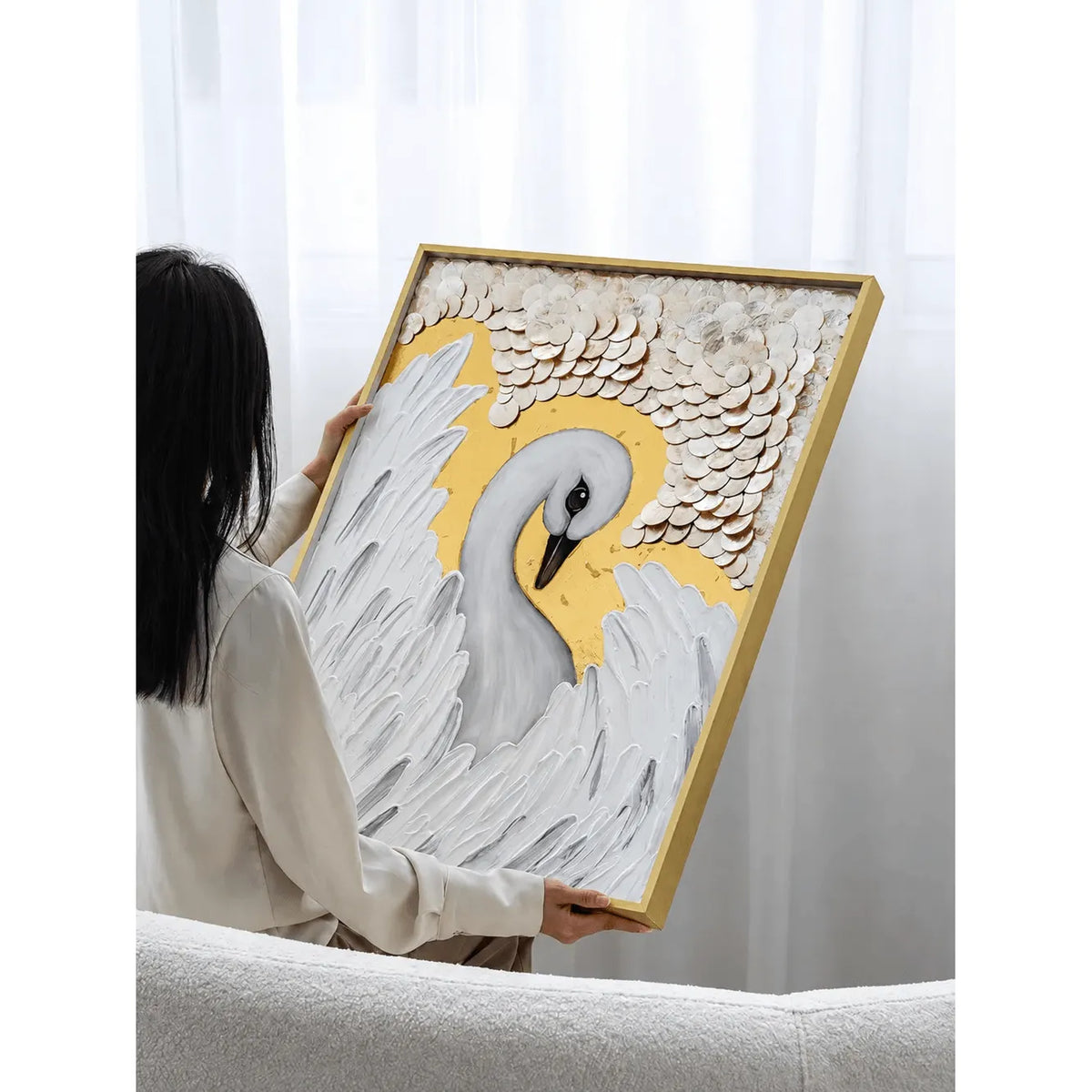 Diptych Swan Mother of Pearl Wall Art with Gold Relief Texture