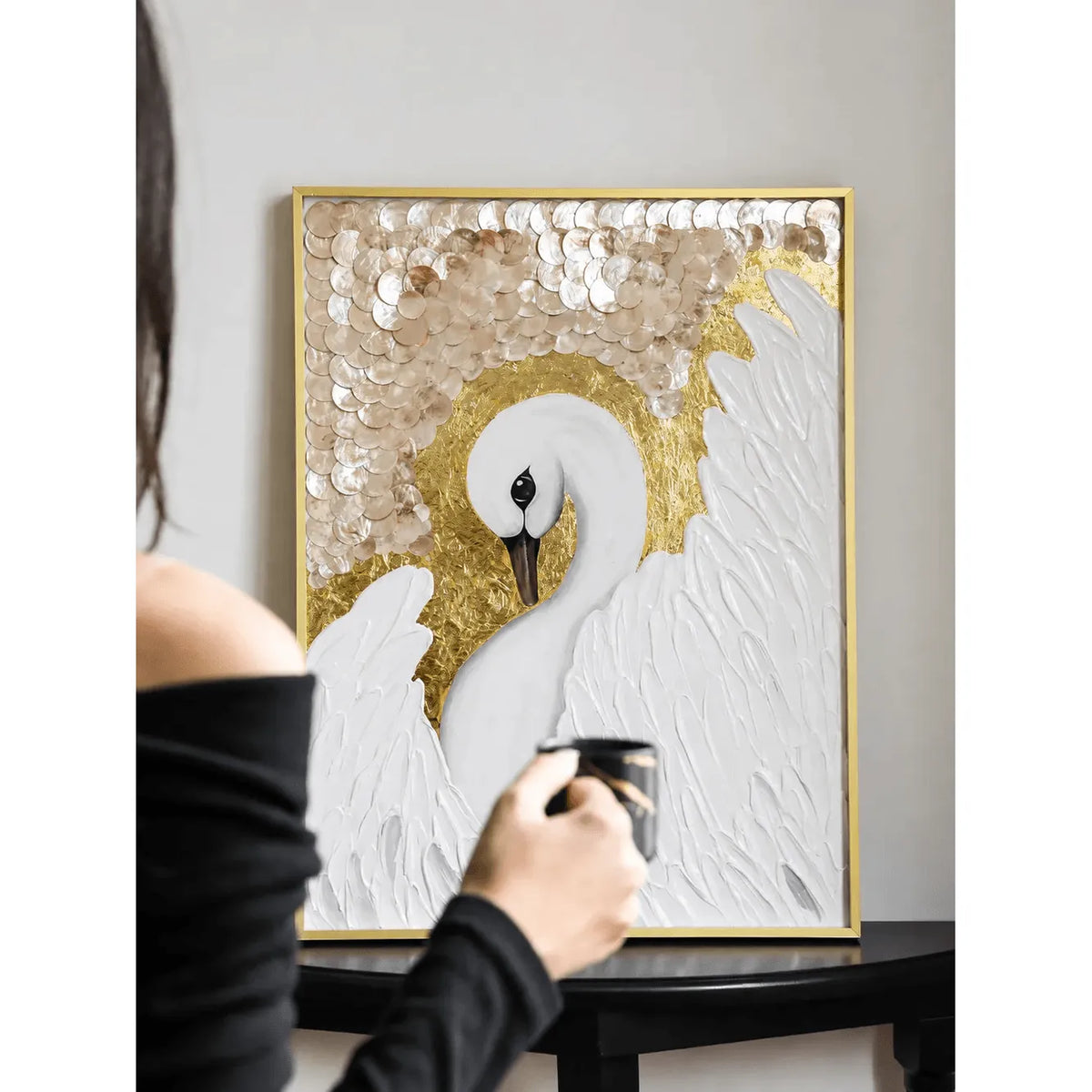 Diptych Swan Mother of Pearl Wall Art with Gold Relief Texture Main Product Image