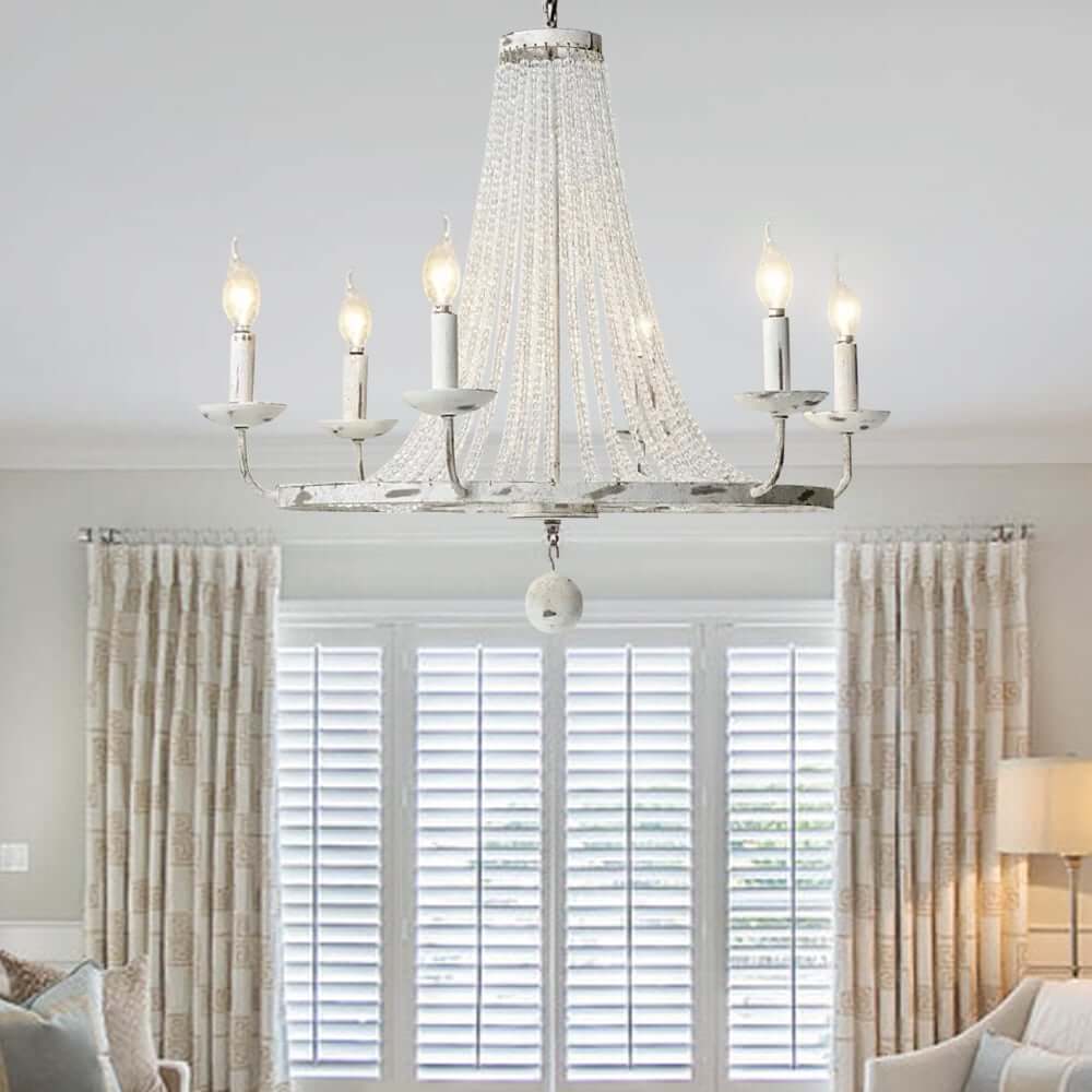 Distressed White Wagon Wheel Chandelier with Crystal Beads