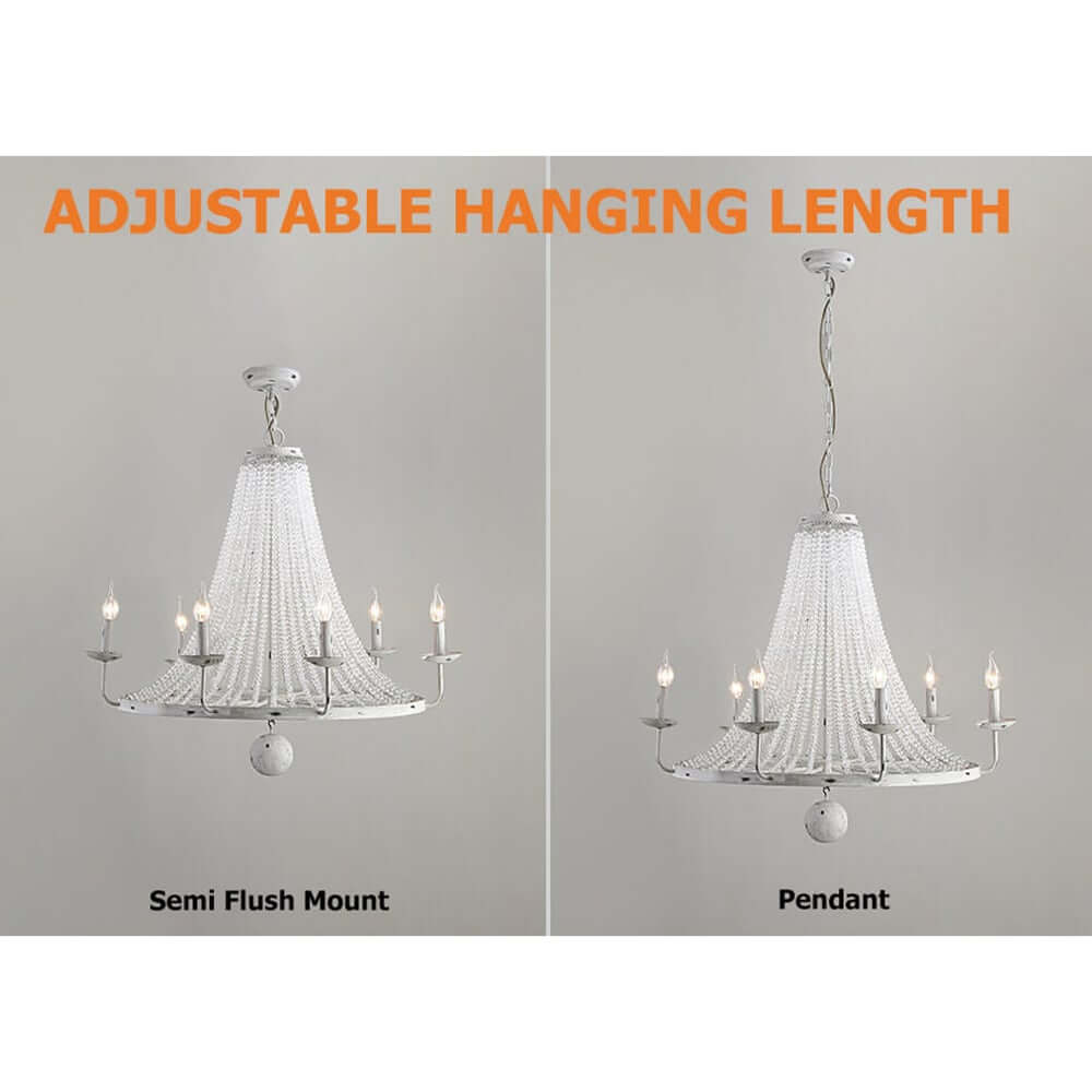 Distressed White Wagon Wheel Chandelier with Crystal Beads