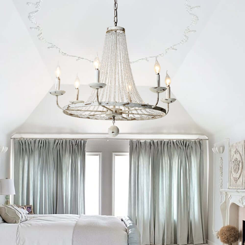 Distressed White Wagon Wheel Chandelier with Crystal Beads