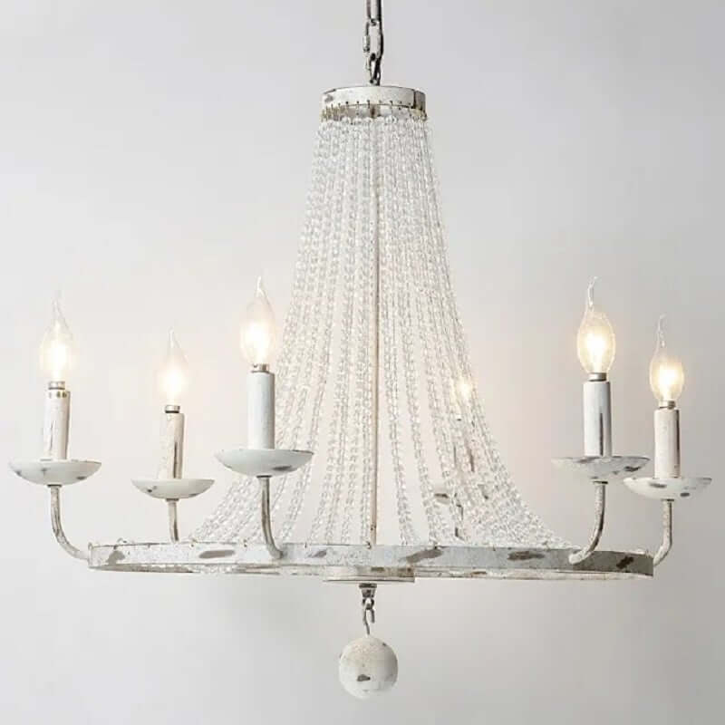 Distressed White Wagon Wheel Chandelier with Crystal Beads