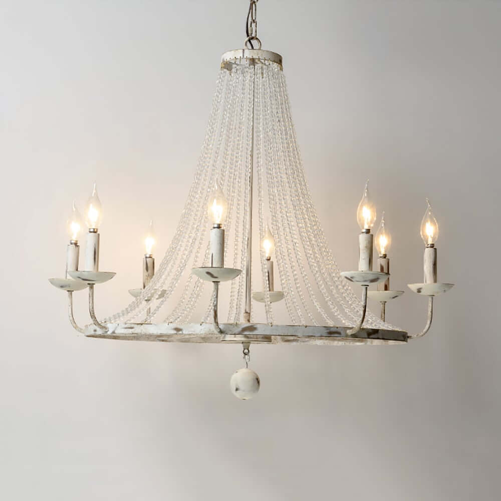 Distressed White Wagon Wheel Chandelier with Crystal Beads
