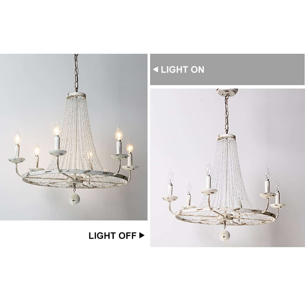 Distressed White Wagon Wheel Chandelier with Crystal Beads