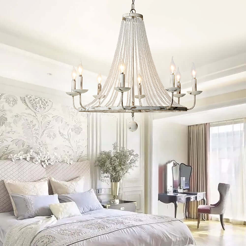 Distressed White Wagon Wheel Chandelier with Crystal Beads