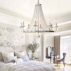 Distressed White Wagon Wheel Chandelier with Crystal Beads