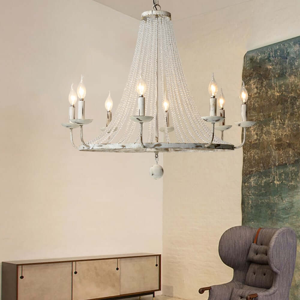 Distressed White Wagon Wheel Chandelier with Crystal Beads Main Product Image