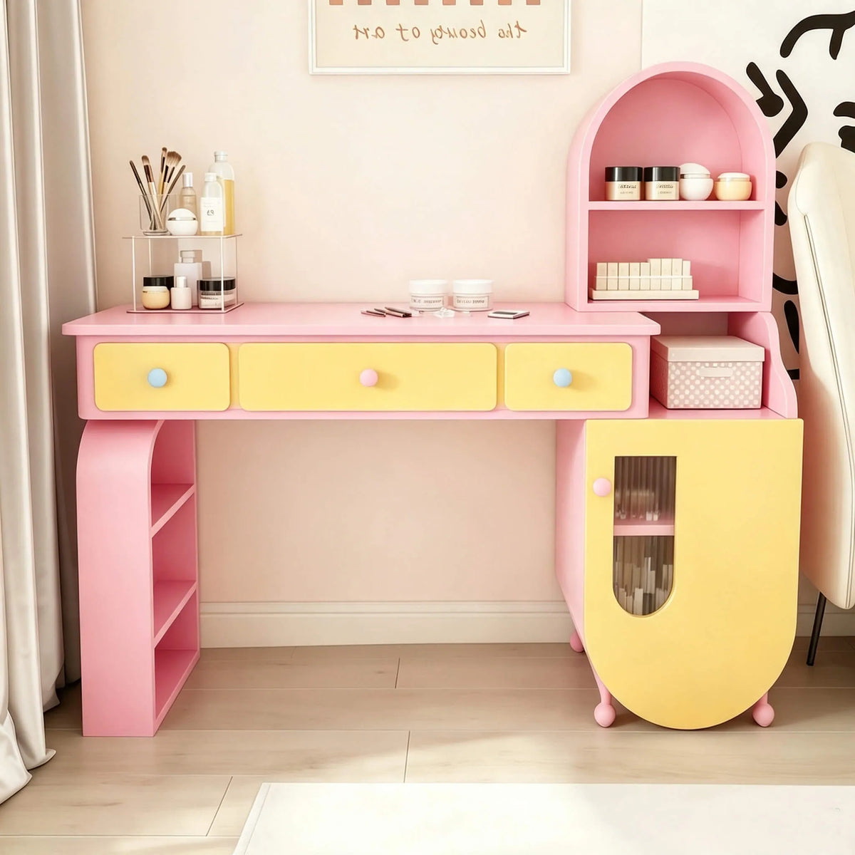 Dopamine Arched Makeup Vanity With Color-Block Storage Cabinet Series