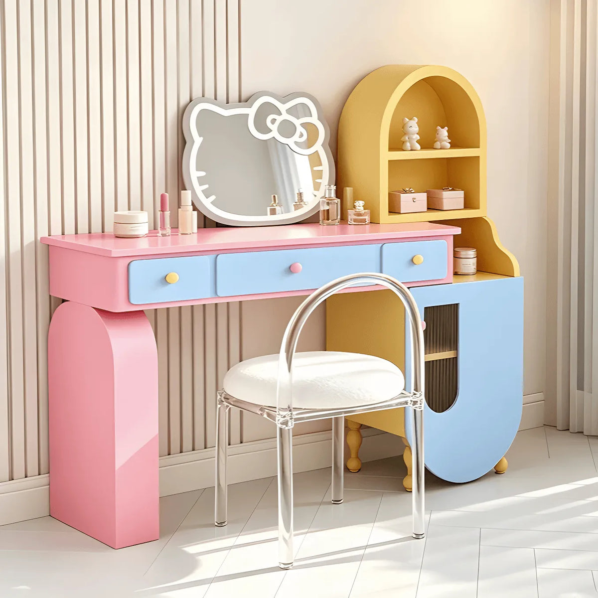 Dopamine Arched Makeup Vanity With Color-Block Storage Cabinet Series Main Product Image Main image