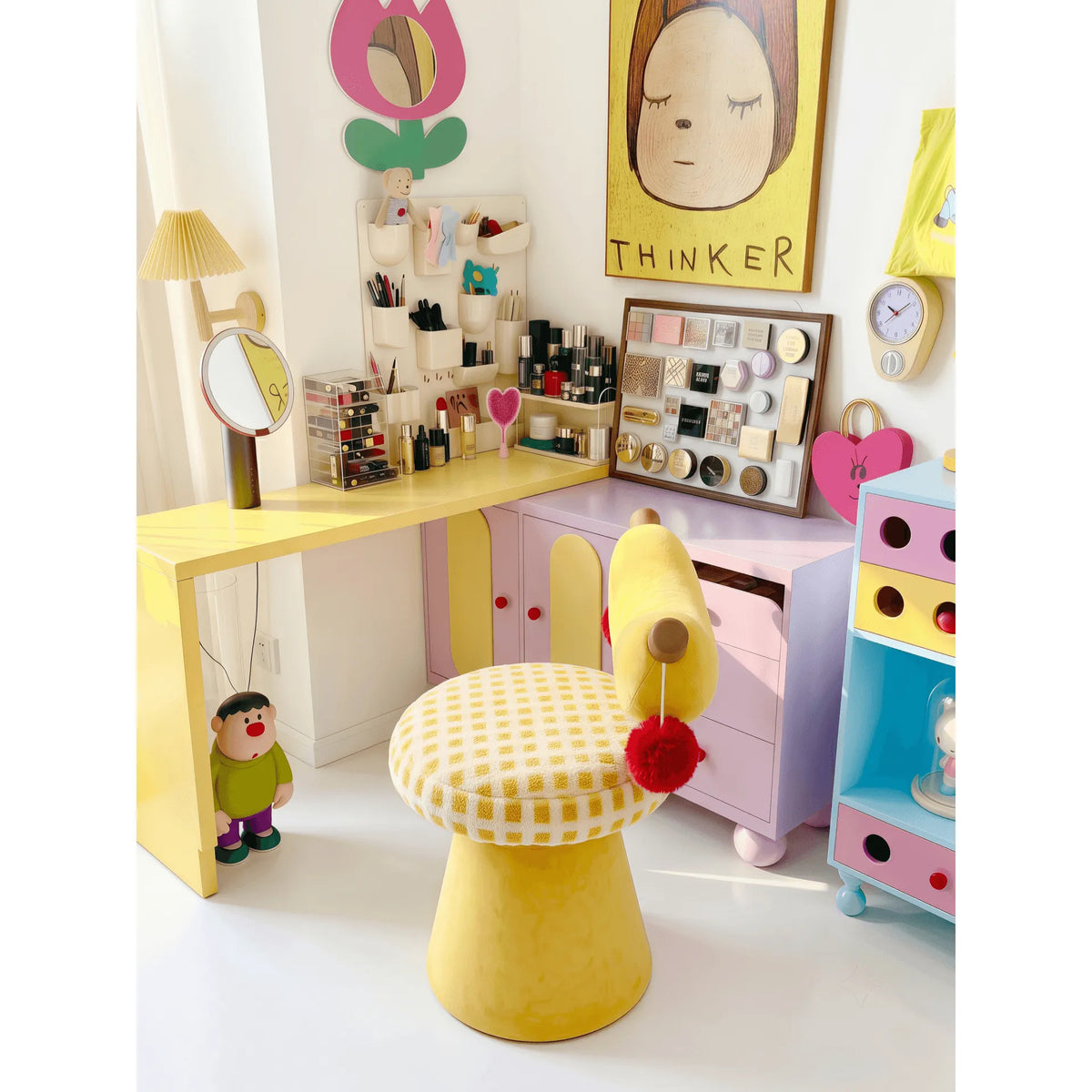 Dopamine Banana Vanity Stool With Plush U-Back, Sculptural Base