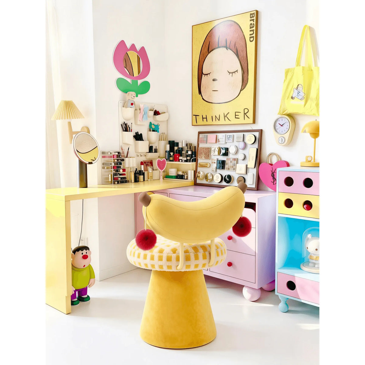 Dopamine Banana Vanity Stool With Plush U-Back, Sculptural Base