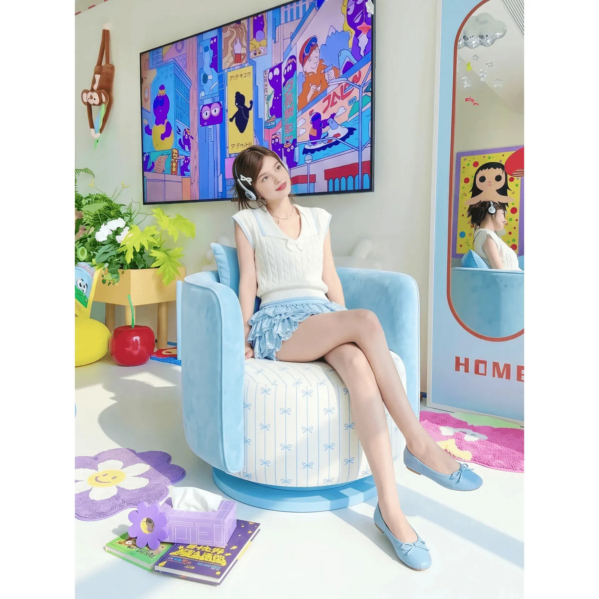 Dopamine Blue Barrel Swivel Chair With Plush Wraparound Comfort