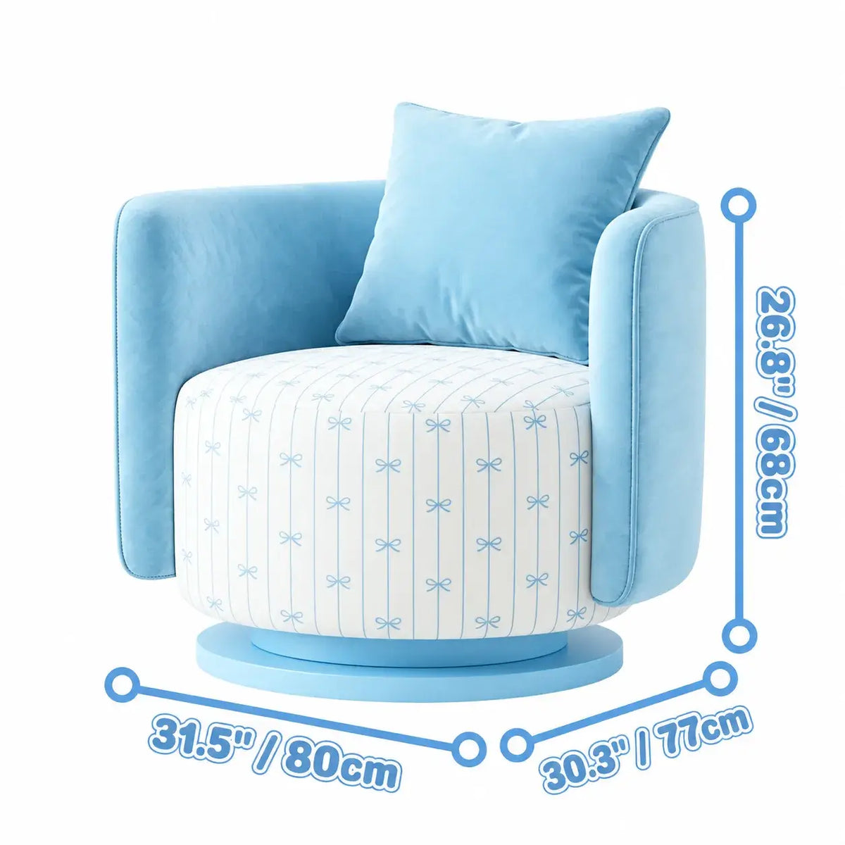 Dopamine Blue Barrel Swivel Chair With Plush Wraparound Comfort Dimensions
