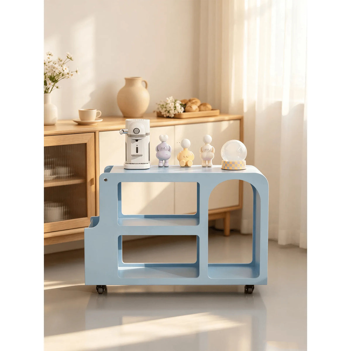 Dopamine Blue Side Table with Rounded Frame, Glass Shelf Storage