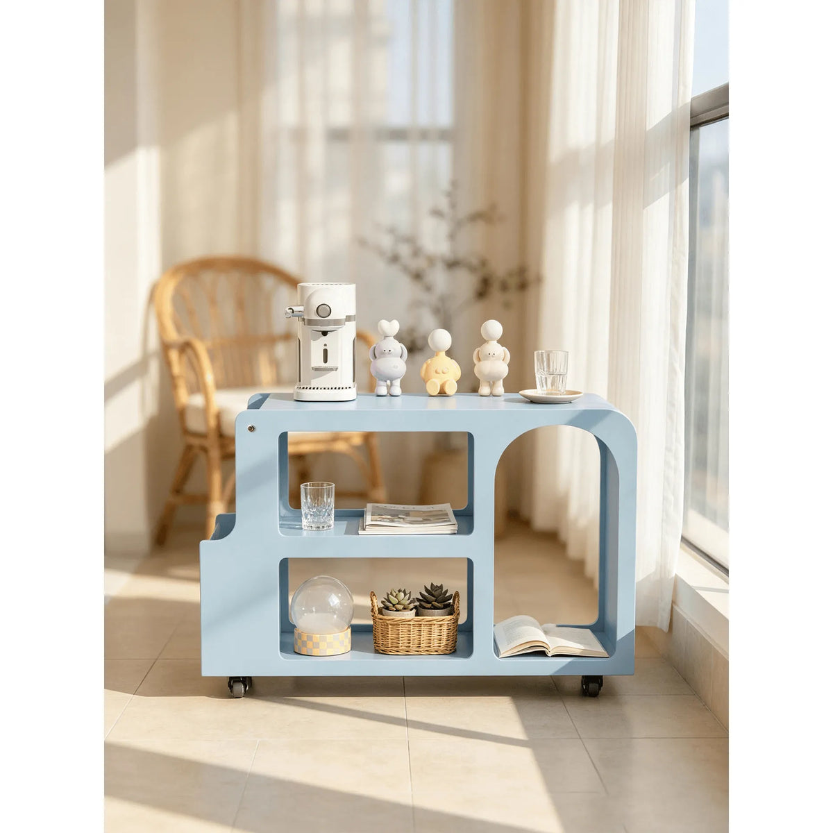Dopamine Blue Side Table with Rounded Frame, Glass Shelf Storage