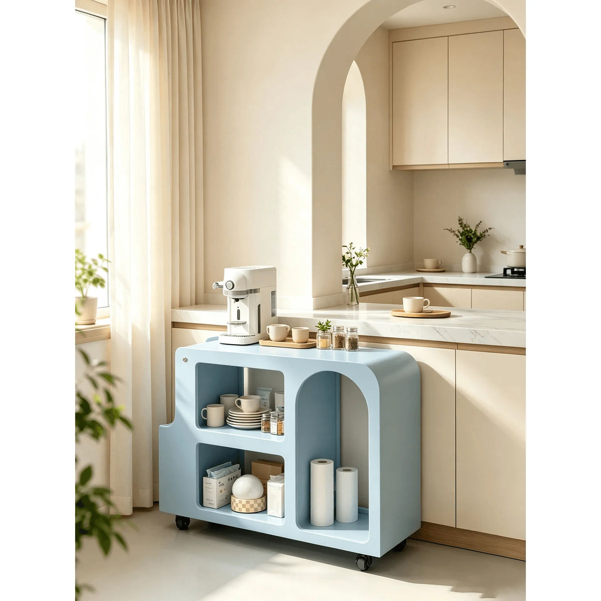 Dopamine Blue Side Table with Rounded Frame, Glass Shelf Storage