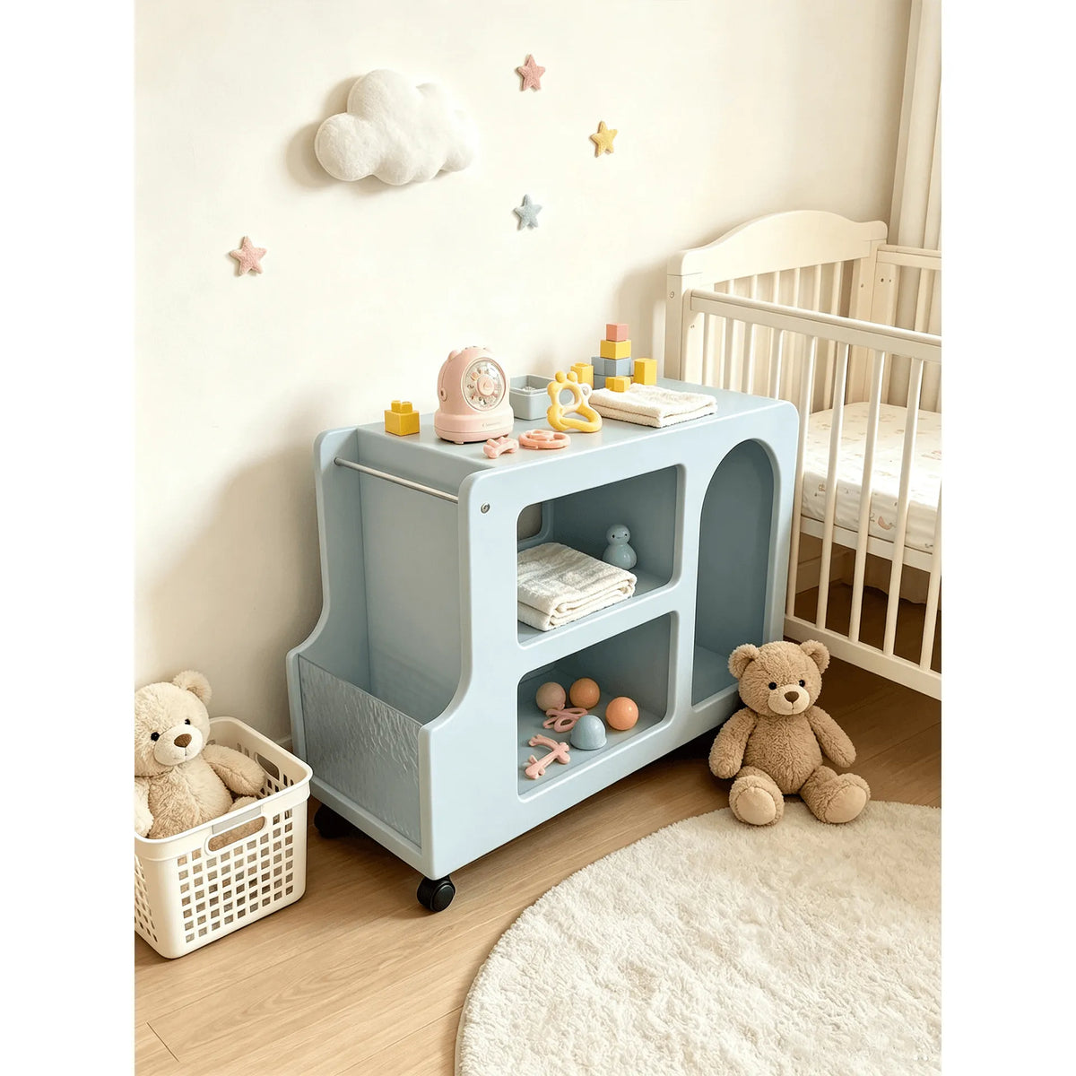 Dopamine Blue Side Table with Rounded Frame, Glass Shelf Storage