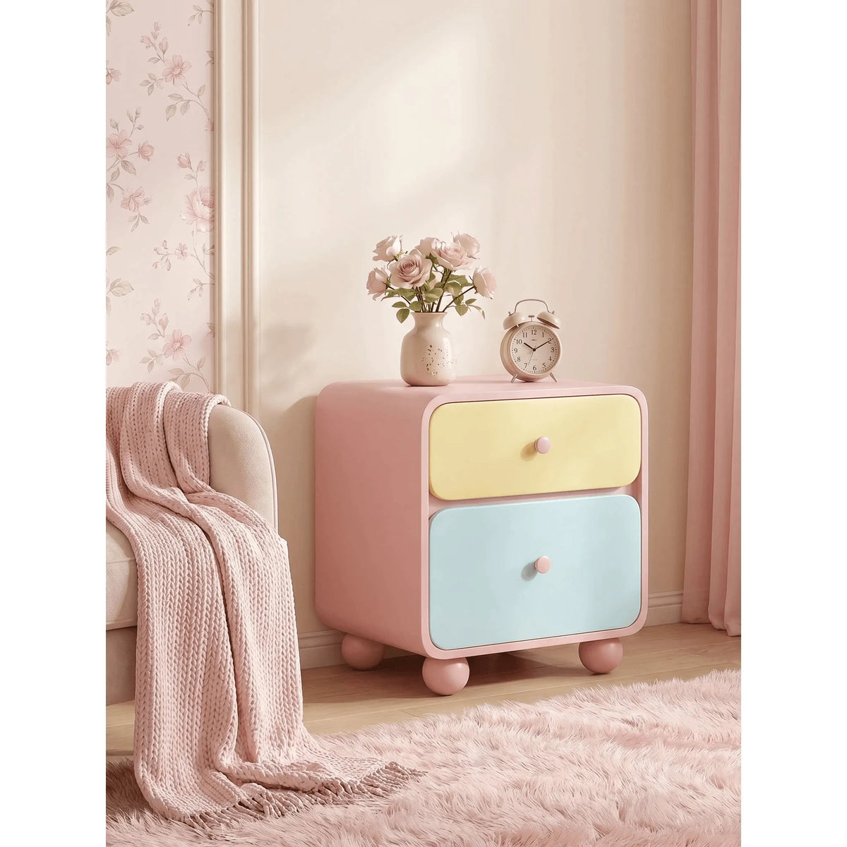Dopamine Color-Block Nightstand With Rounded Storage and Ball Feet