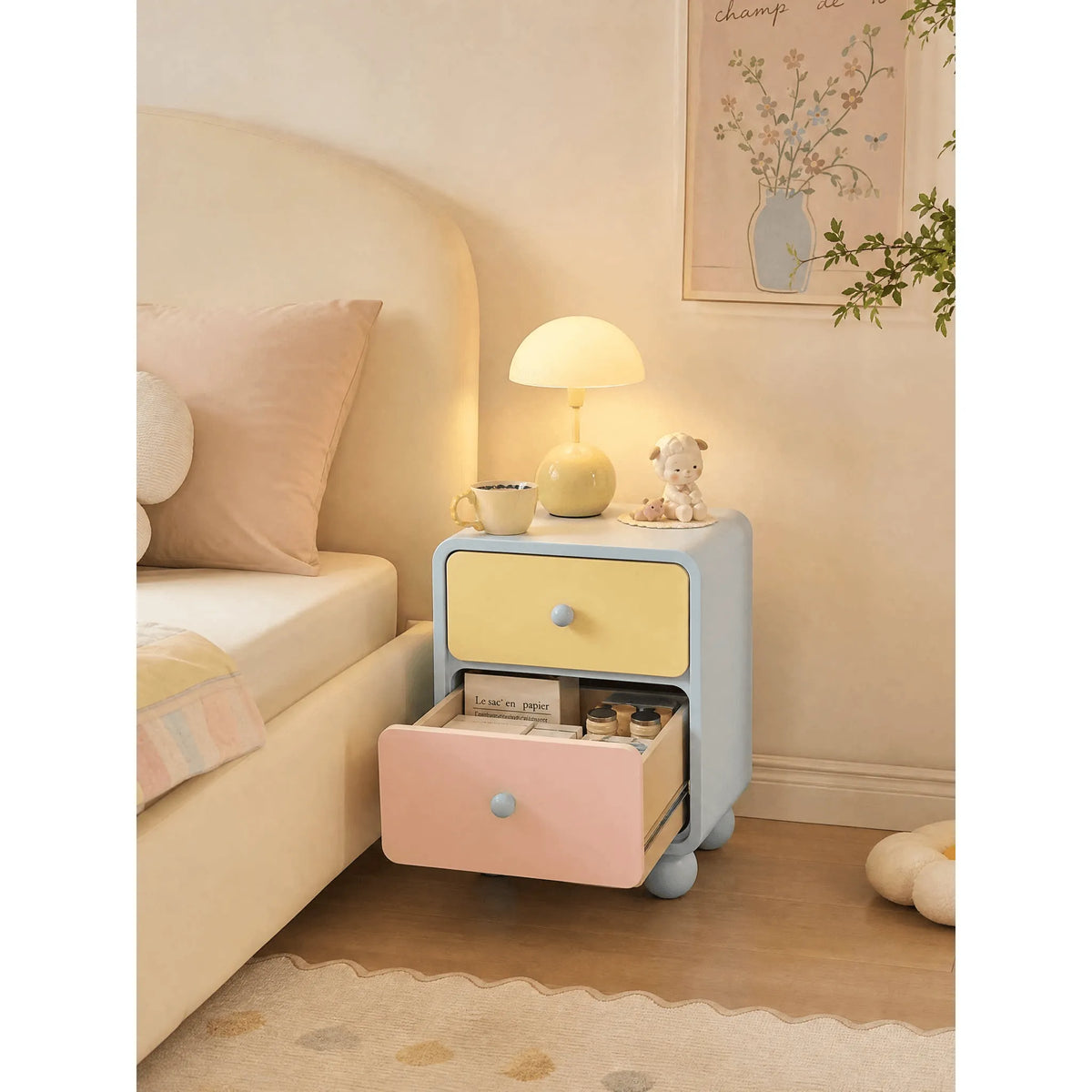 Dopamine Color-Block Nightstand With Rounded Storage and Ball Feet