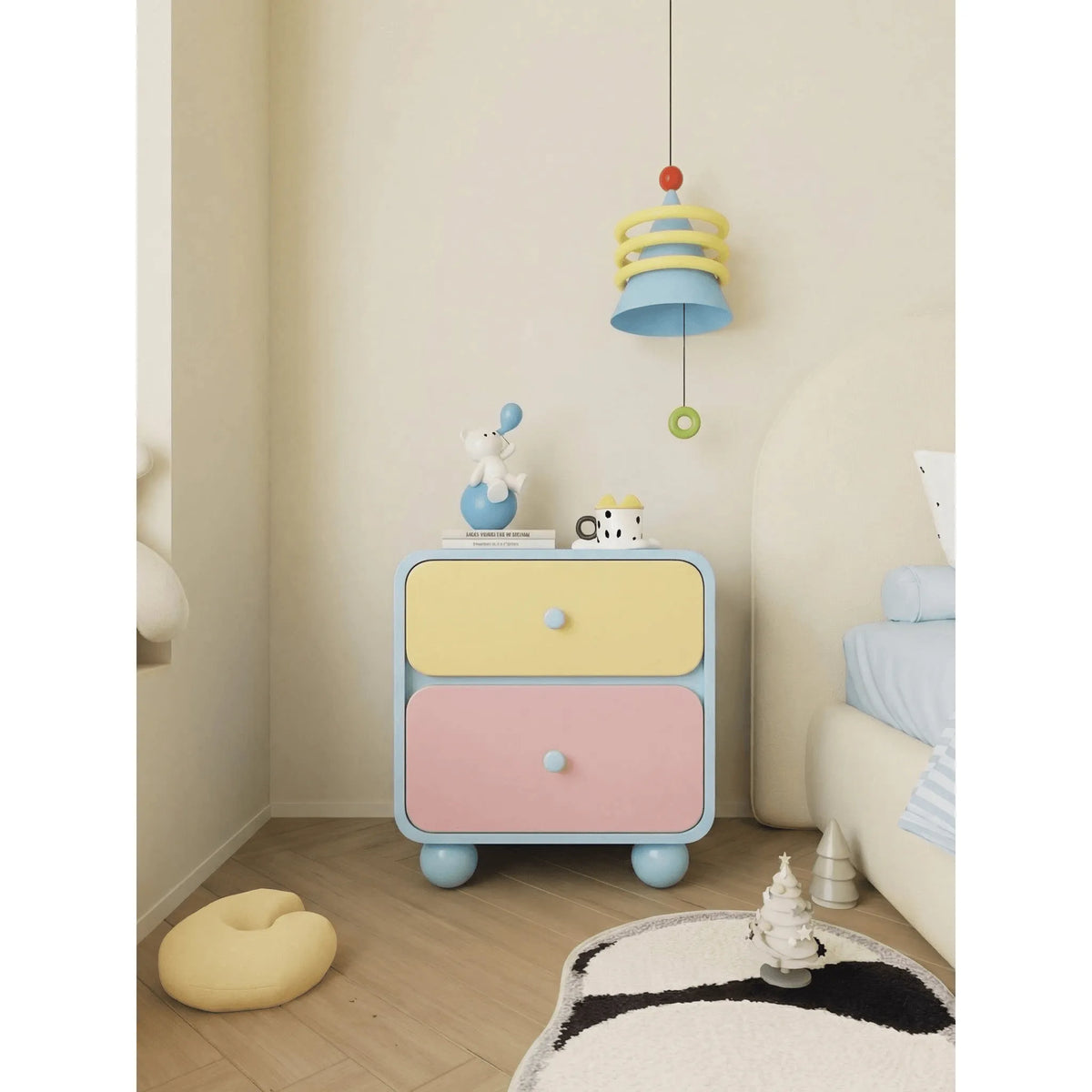 Dopamine Color-Block Nightstand With Rounded Storage and Ball Feet