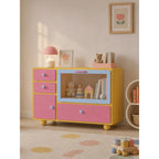 Dopamine Color-Block Sideboard with Glass Display and Rounded Storage