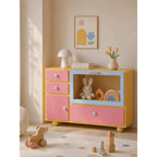 Dopamine Color-Block Sideboard with Glass Display and Rounded Storage