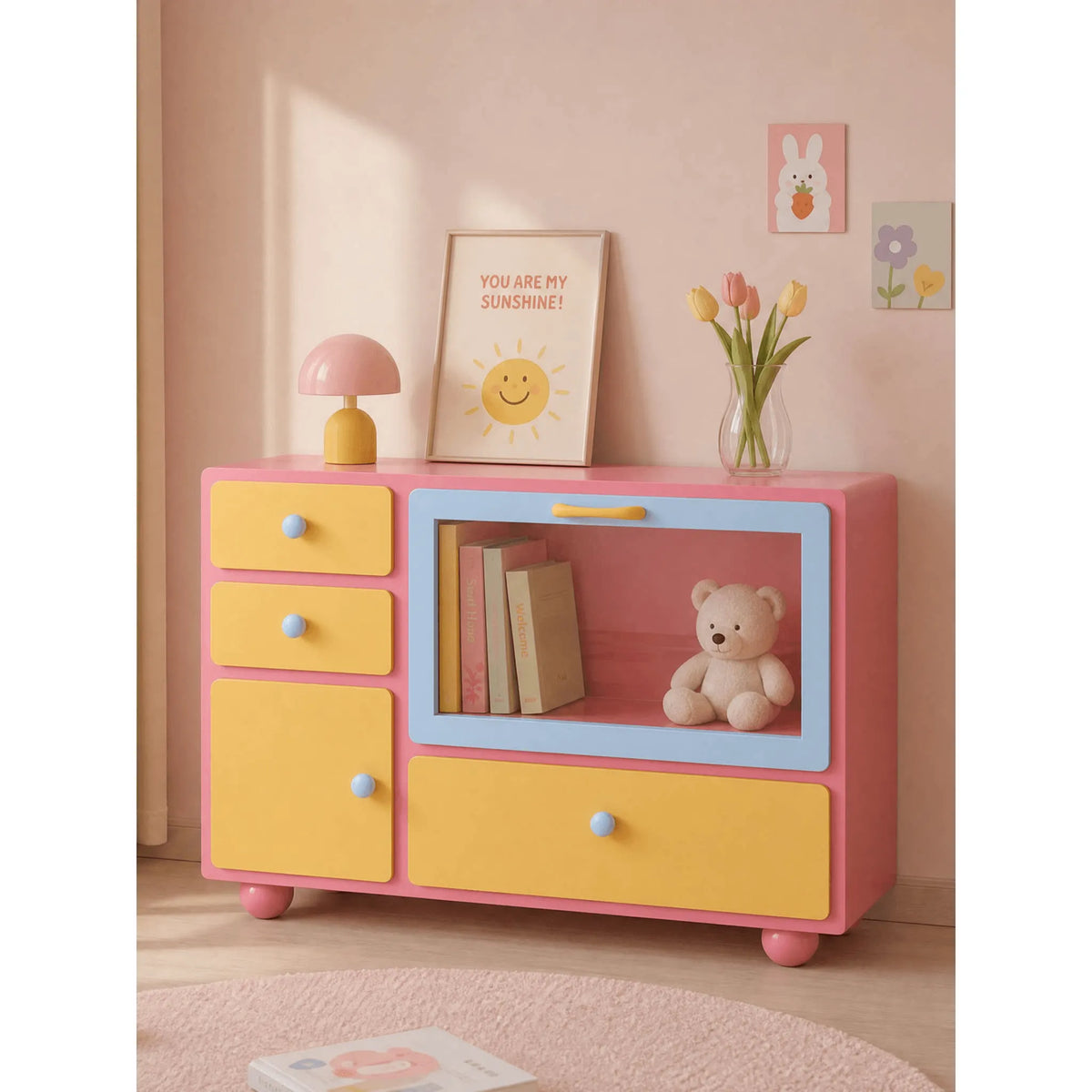 Dopamine Color-Block Sideboard with Glass Display and Rounded Storage