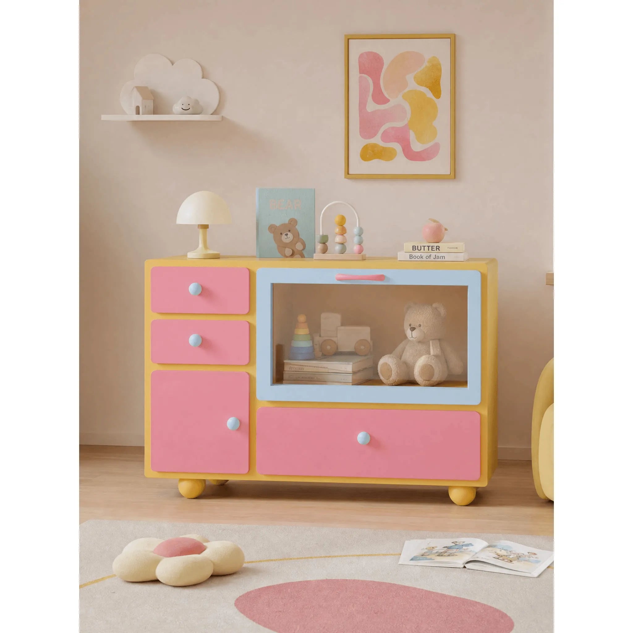 Dopamine Color-Block Sideboard with Glass Display and Rounded Storage Secondary image