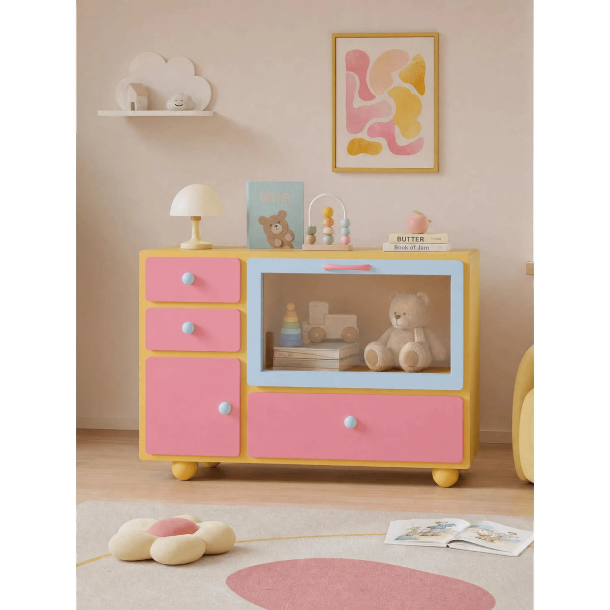 Dopamine Color-Block Sideboard with Glass Display and Rounded Storage