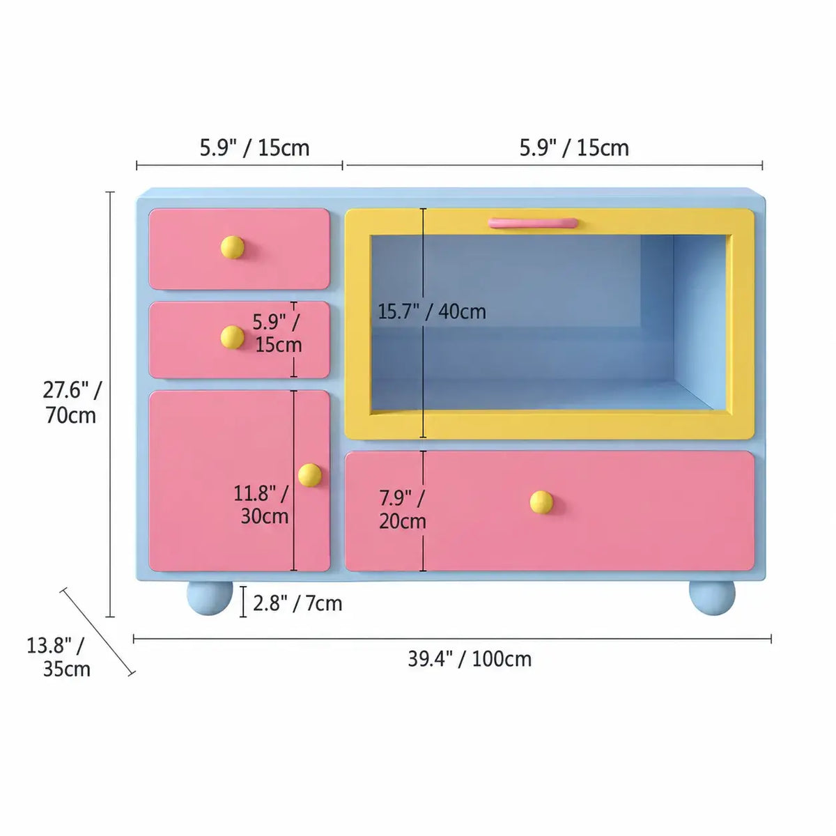 Dopamine Color-Block Sideboard with Glass Display and Rounded Storage Dimensions