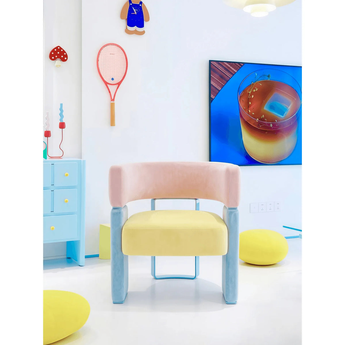 Dopamine Colorblock Accent Chair with Creamy Curved Arms and Metal Base