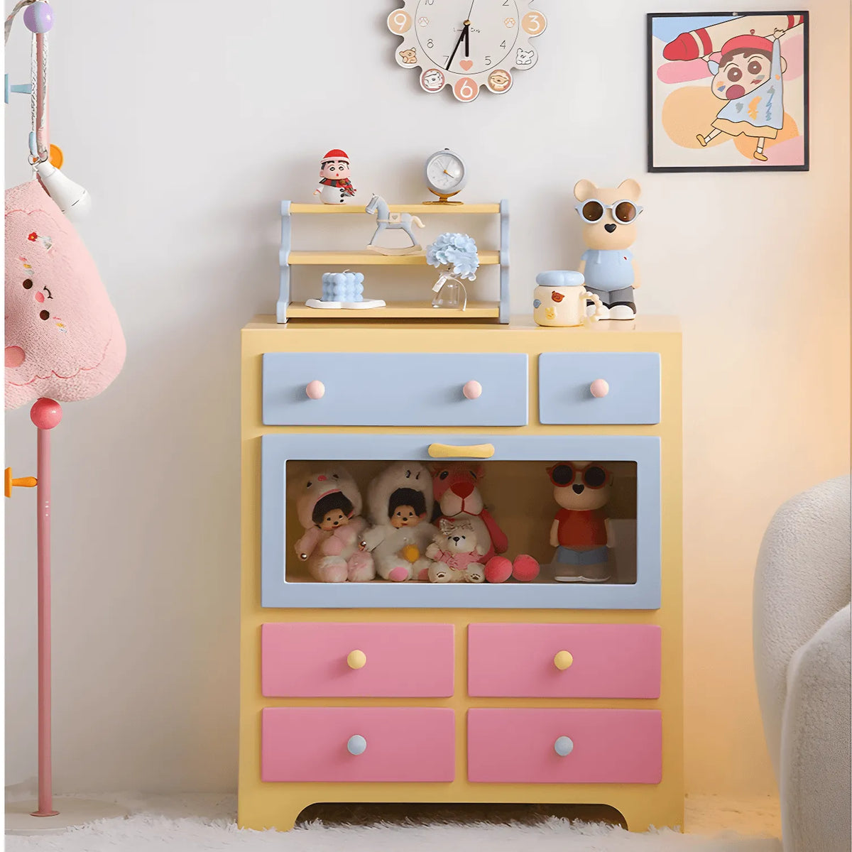 Dopamine Colorblock Display Chest With Glass Cabinet and Drawer Storage