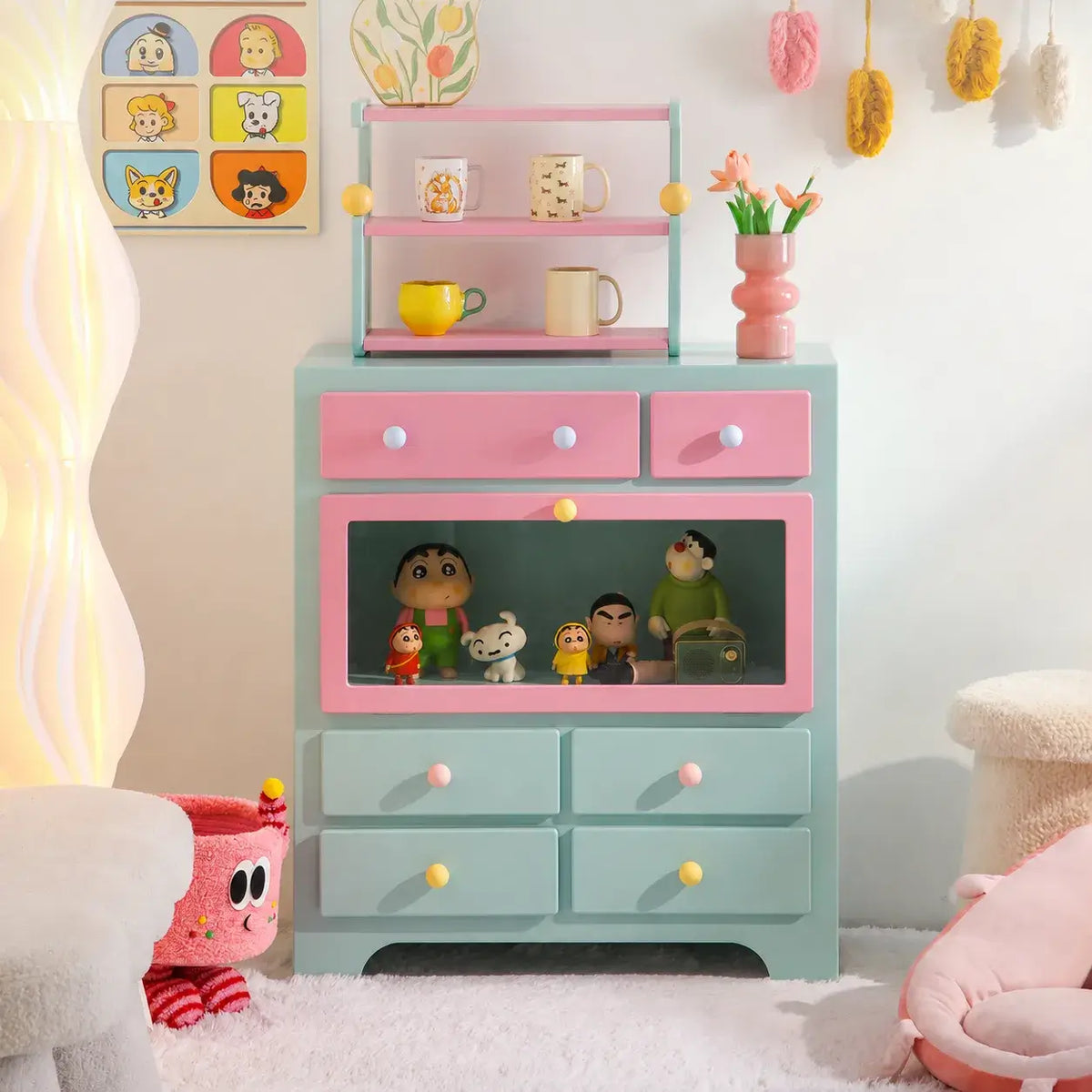 Dopamine Colorblock Display Chest With Glass Cabinet and Drawer Storage