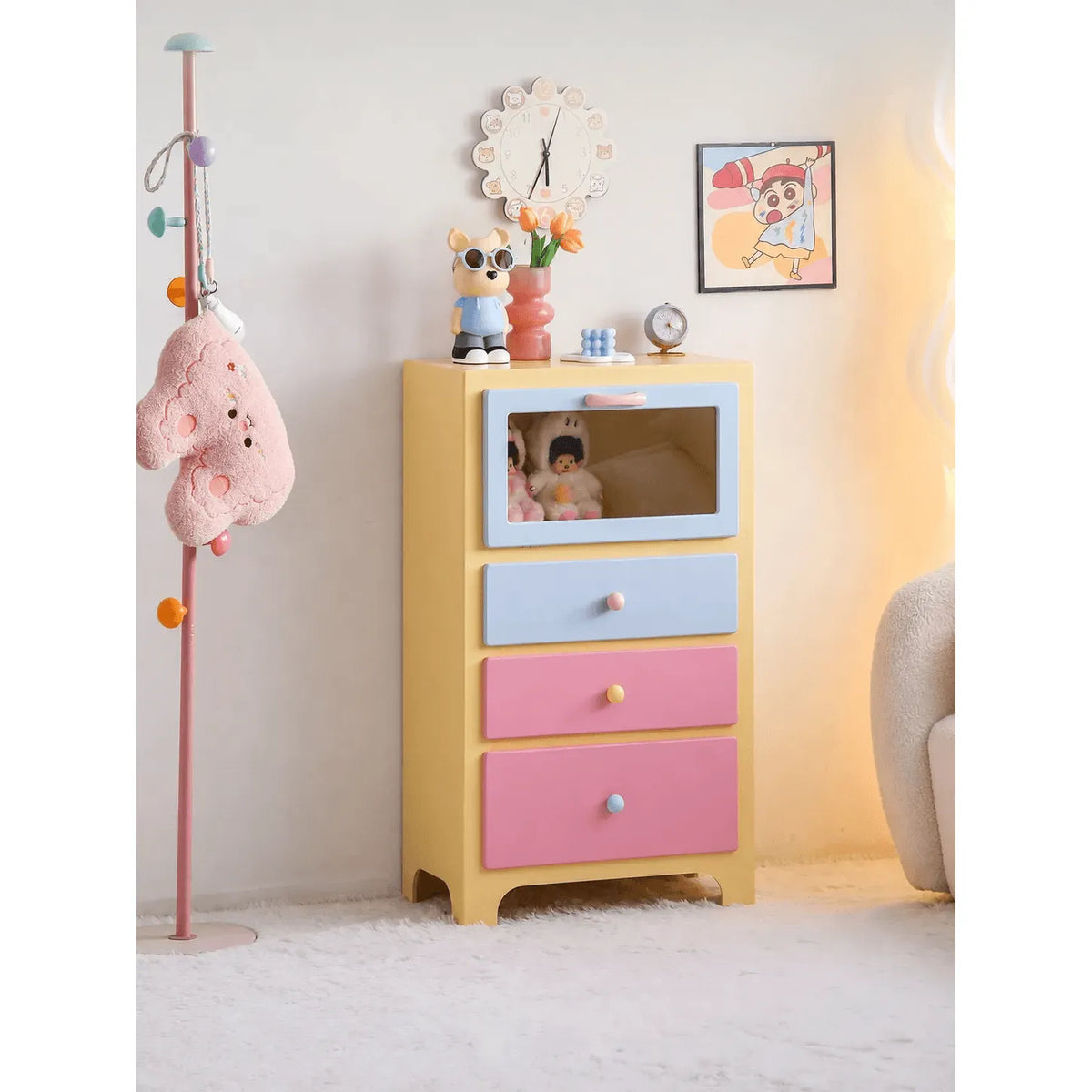 Dopamine Colorblock Display Chest With Glass Cabinet and Drawer Storage