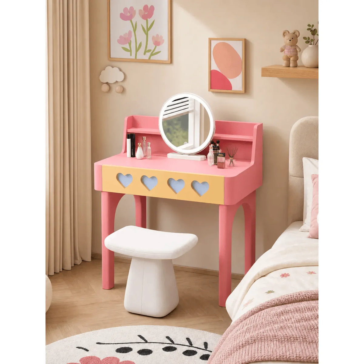 Dopamine Colorblock Makeup Vanity With Heart Detail and Tiered Storage