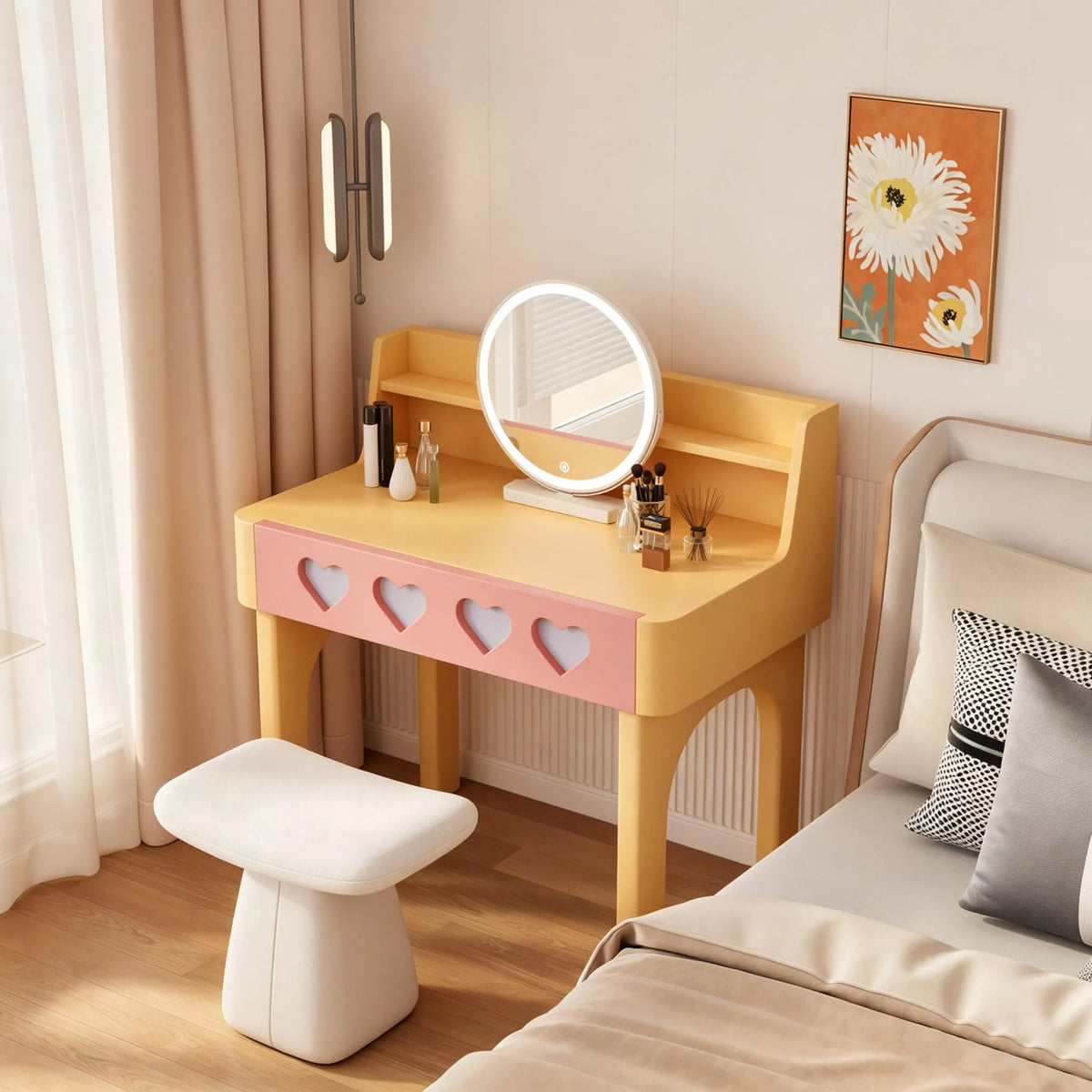 Dopamine Colorblock Makeup Vanity With Heart Detail and Tiered Storage