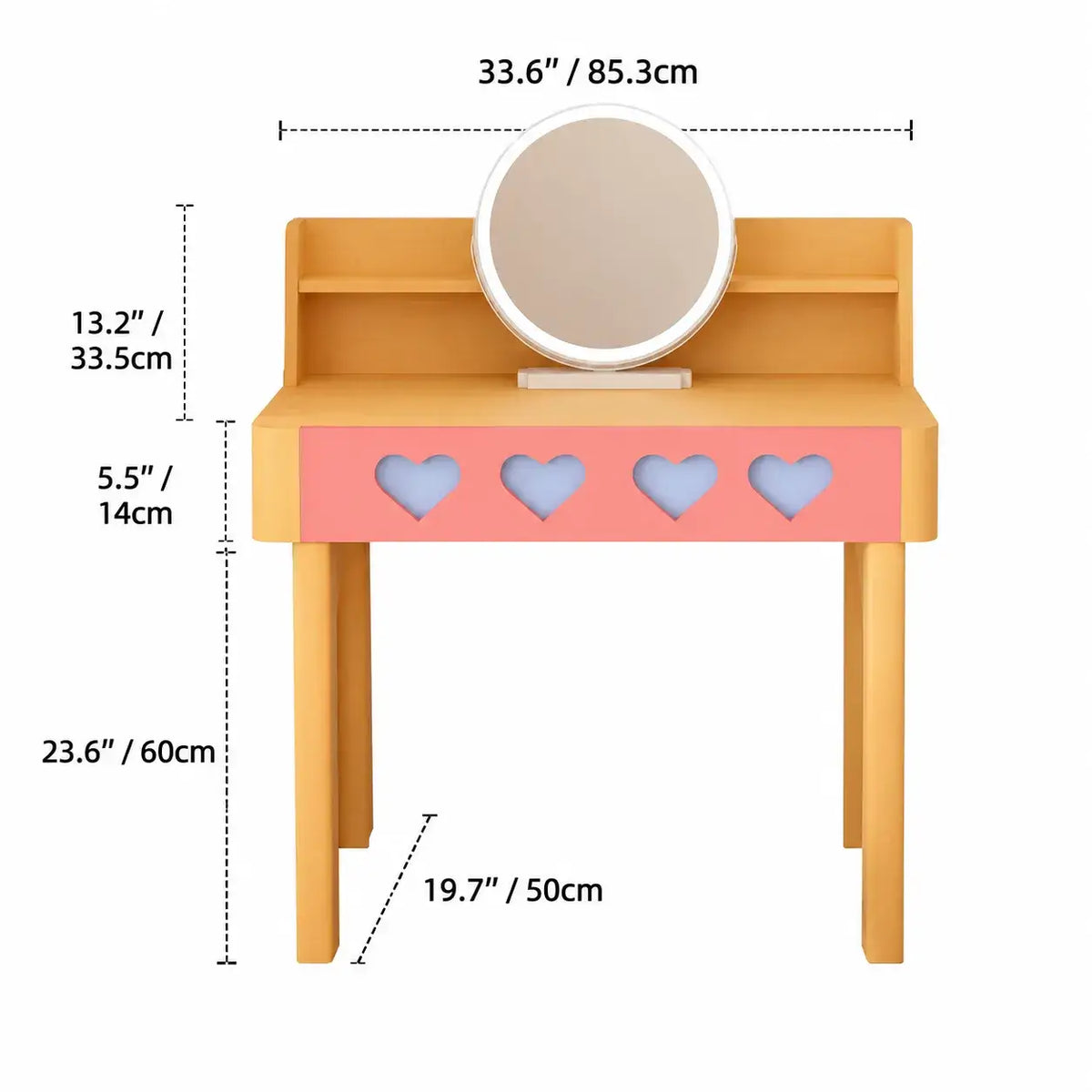 Dopamine Colorblock Makeup Vanity With Heart Detail and Tiered Storage Dimensions