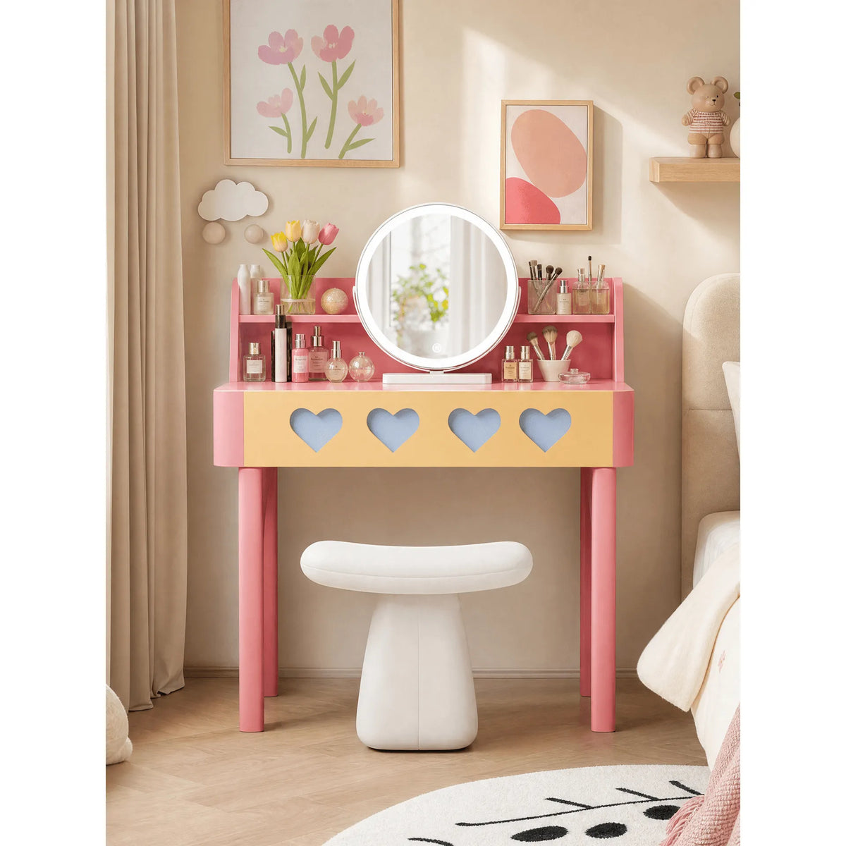 Dopamine Colorblock Makeup Vanity With Heart Detail and Tiered Storage Main Product Image