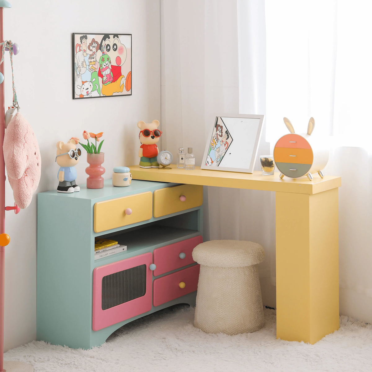 Dopamine Colorblock Makeup Vanity With L-Shaped Storage Cabinet