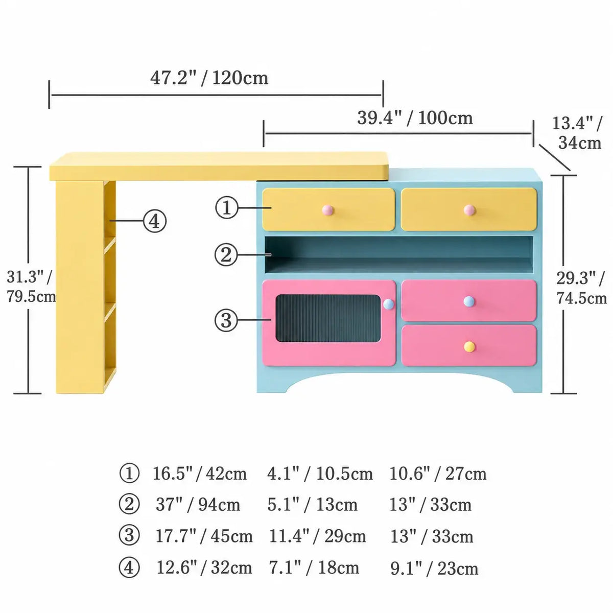 Dopamine Colorblock Makeup Vanity With L-Shaped Storage Cabinet Dimensions