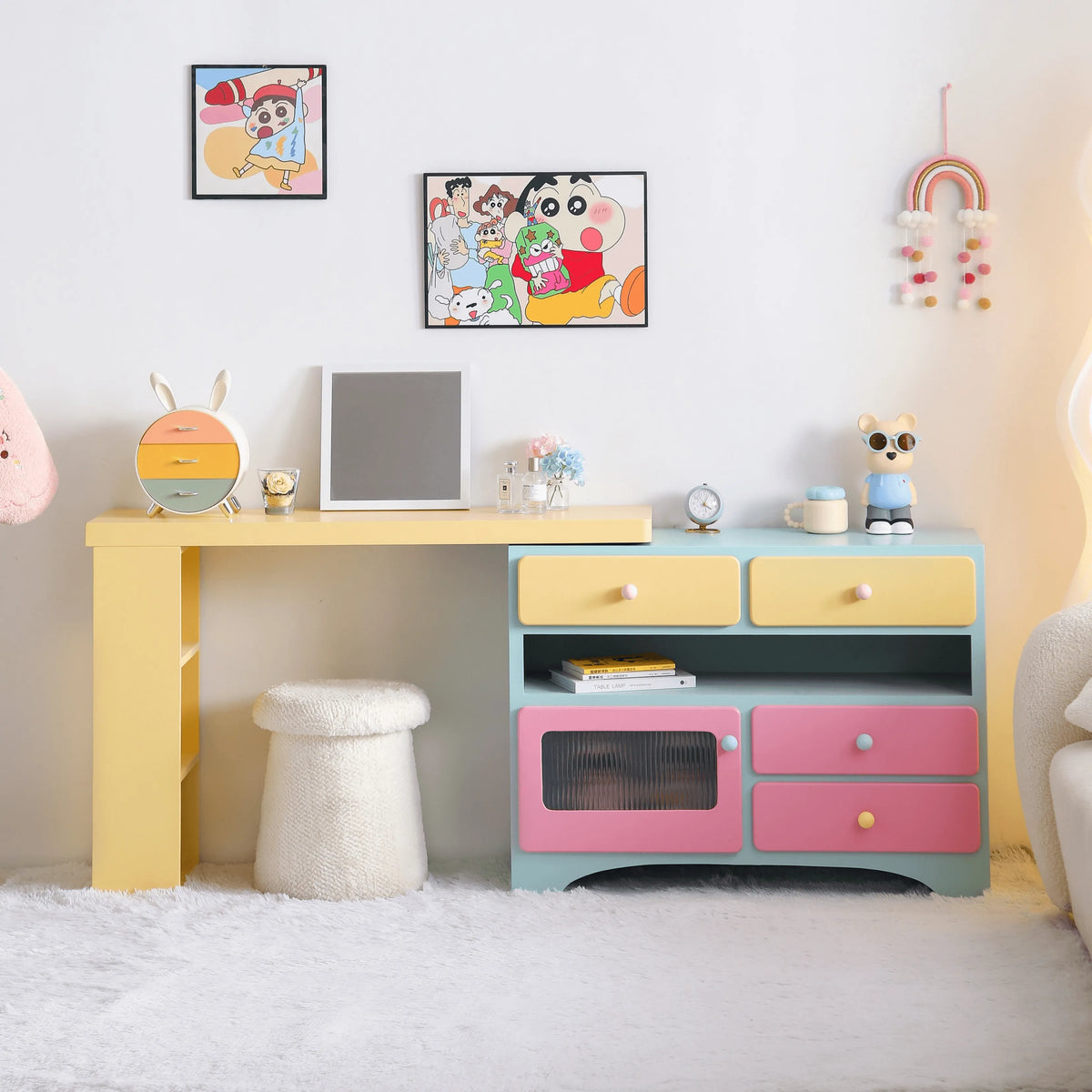 Dopamine Colorblock Makeup Vanity With L-Shaped Storage Cabinet Main Product Image