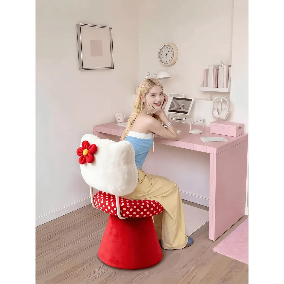 Dopamine Flower Vanity Stool with Plush Polka Texture and Swivel Base
