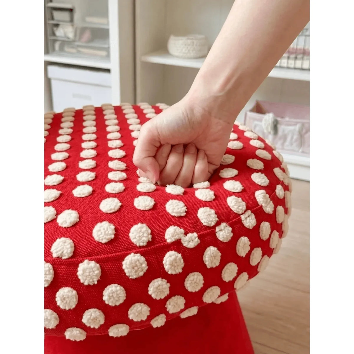 Dopamine Flower Vanity Stool with Plush Polka Texture and Swivel Base