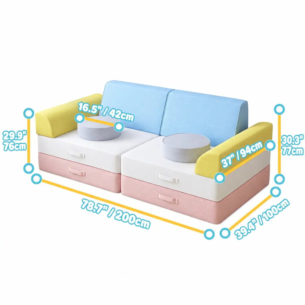 Dopamine Macaron Modular Sofa Bed With Washable Covers for Kids Dimensions