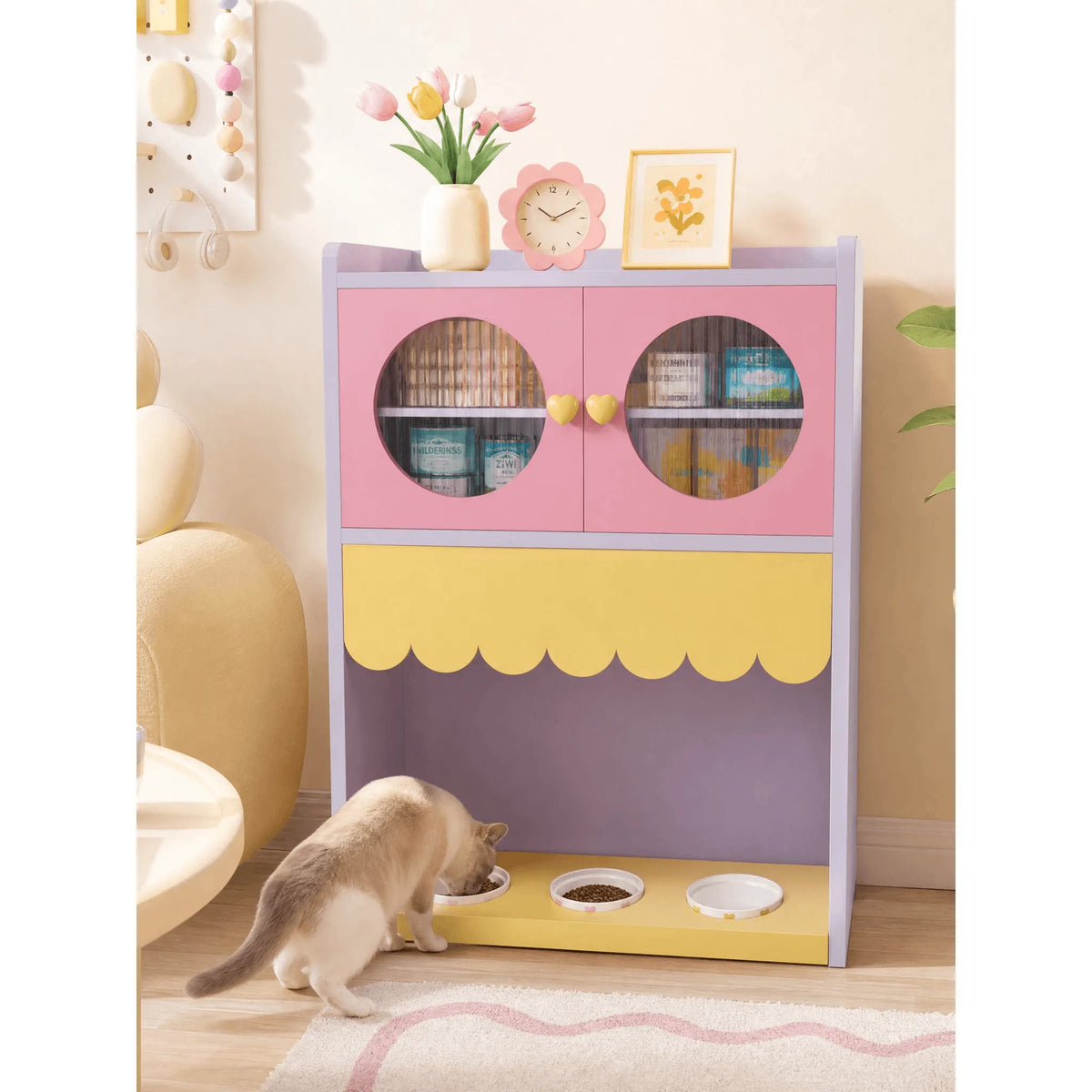 Dopamine Pet Friendly Sideboard with Wavy Trim, Round-Window Storage Cabinet