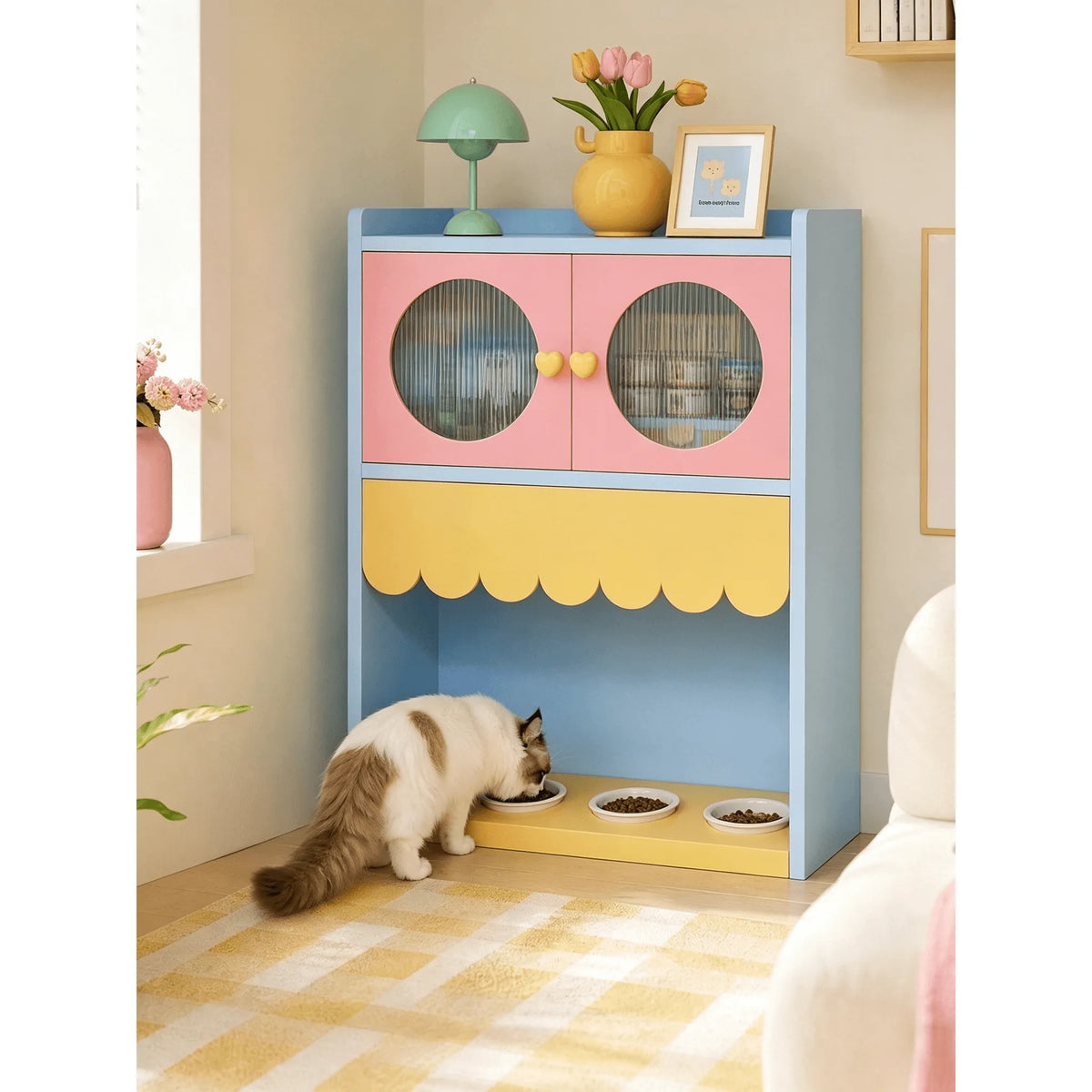 Dopamine Pet Friendly Sideboard with Wavy Trim, Round-Window Storage Cabinet